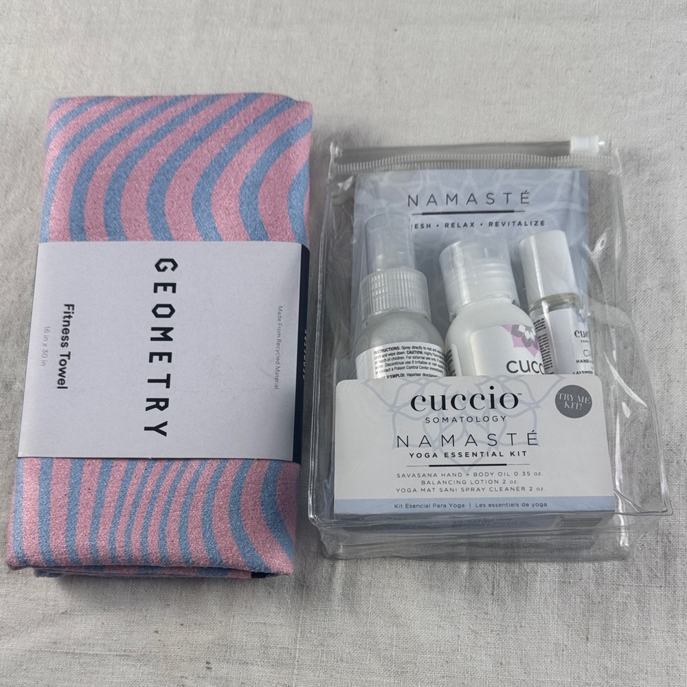 Pink and Blue Geometry Fitness Towel with Cuccio Yoga Kit - sold as set
